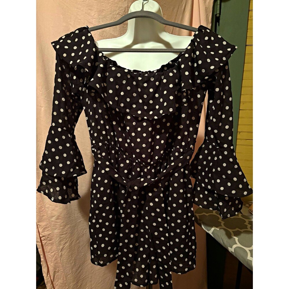 NWT AVLUX Fashion Romper L Black White Polka Dot Ruffle Bell Sleeve Belted
